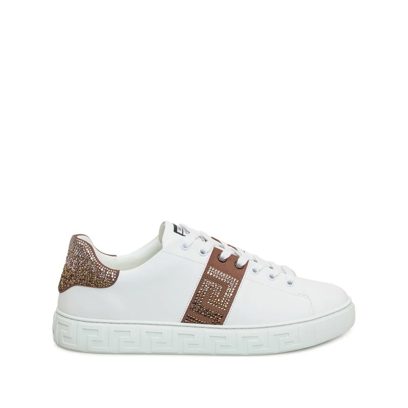 Versace Greca Embellished Men's 43 - 10us White Gold/Brown Leather Logo Sneakers